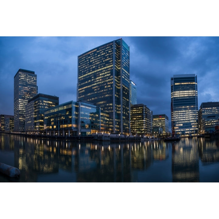 View of Canary Wharf at night from South Dock London England Poster Print Image 1