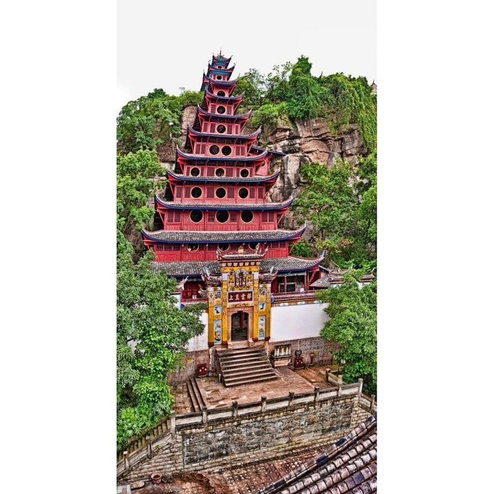 Elevated view of Buddhist temple on Shibaozhai hill along Yangtze River China Poster Print Image 1