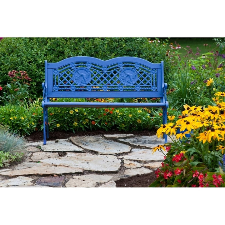 Blue bench and stone path in a flower garden Marion County Illinois USA Poster Print Image 1