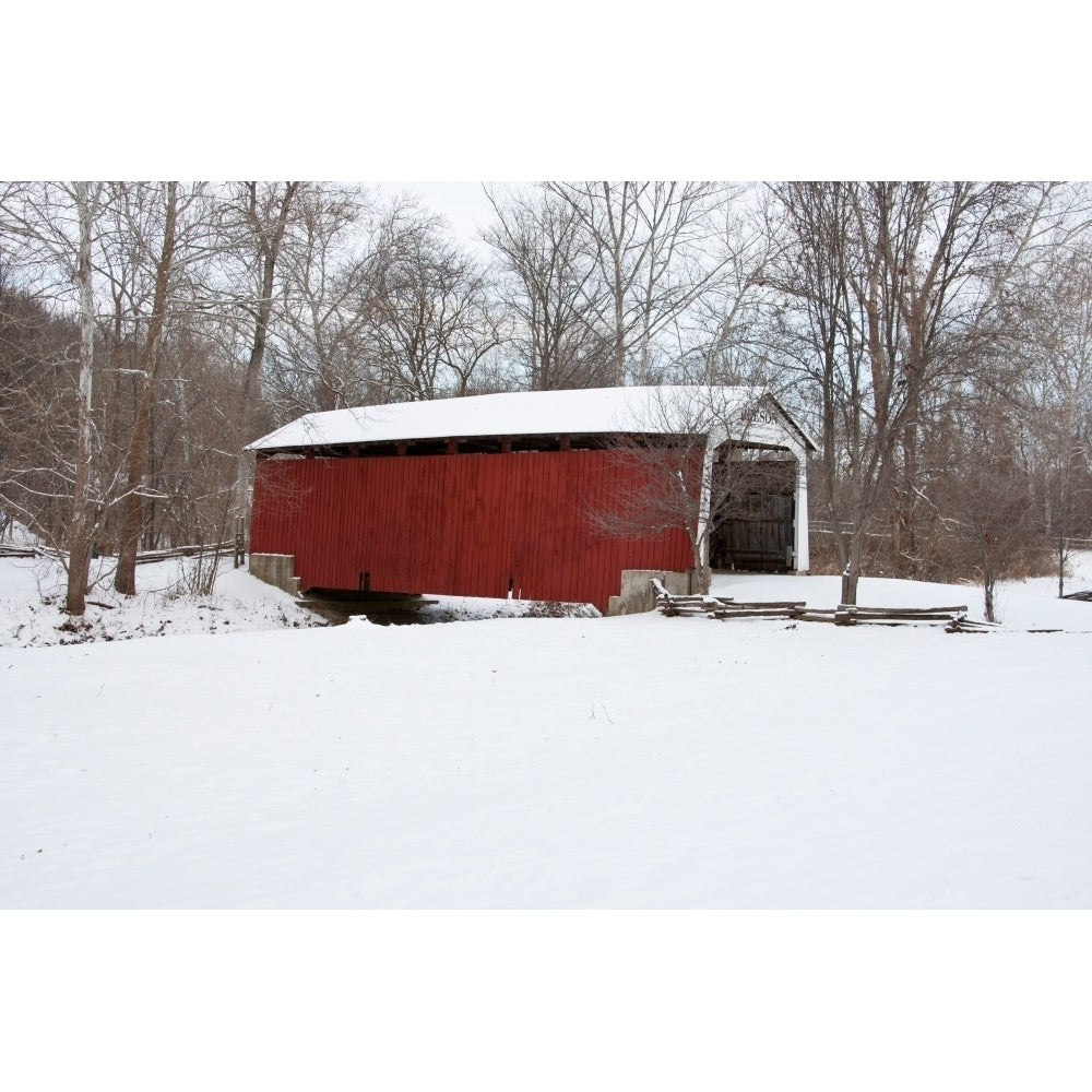 Covered bridge in snow covered forest Beeson Covered Bridge Billie Creek Village Rockville Parke County Indiana USA Post Image 1