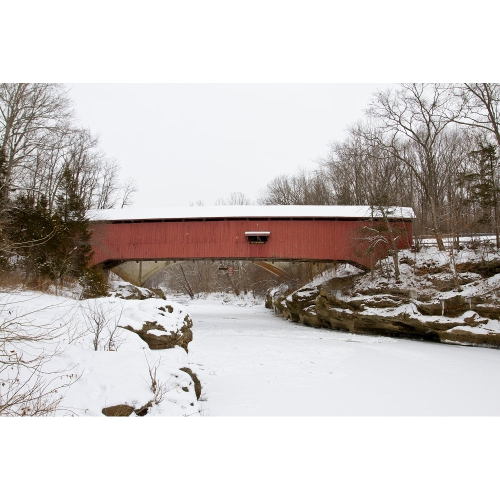 Narrow covered bridge in winter Turkey Run State Park Parke County Indiana USA Poster Print Image 2