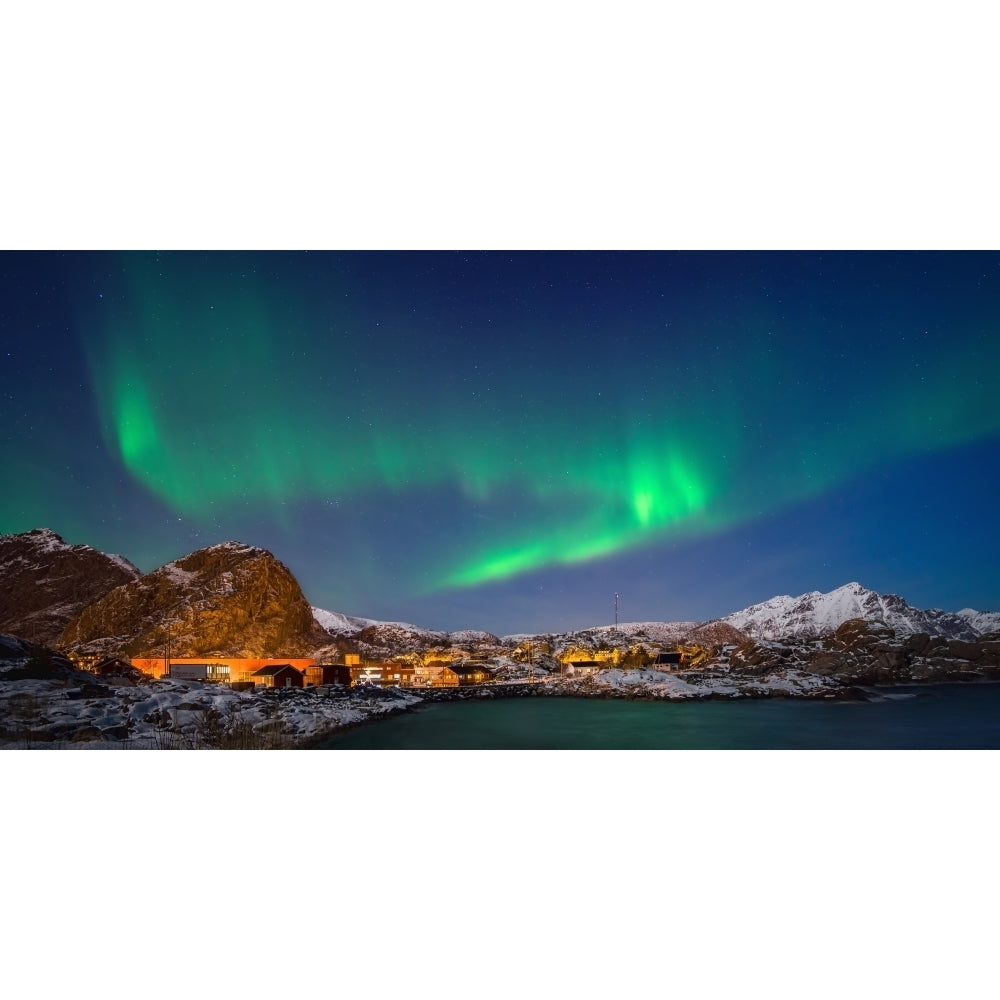 Aurora borealis above Stamsund Lofoten Nordland Norway Poster Print Image 2