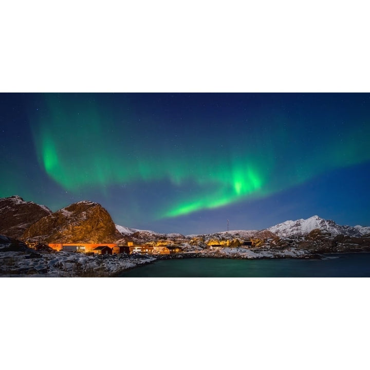 Aurora borealis above Stamsund Lofoten Nordland Norway Poster Print Image 1