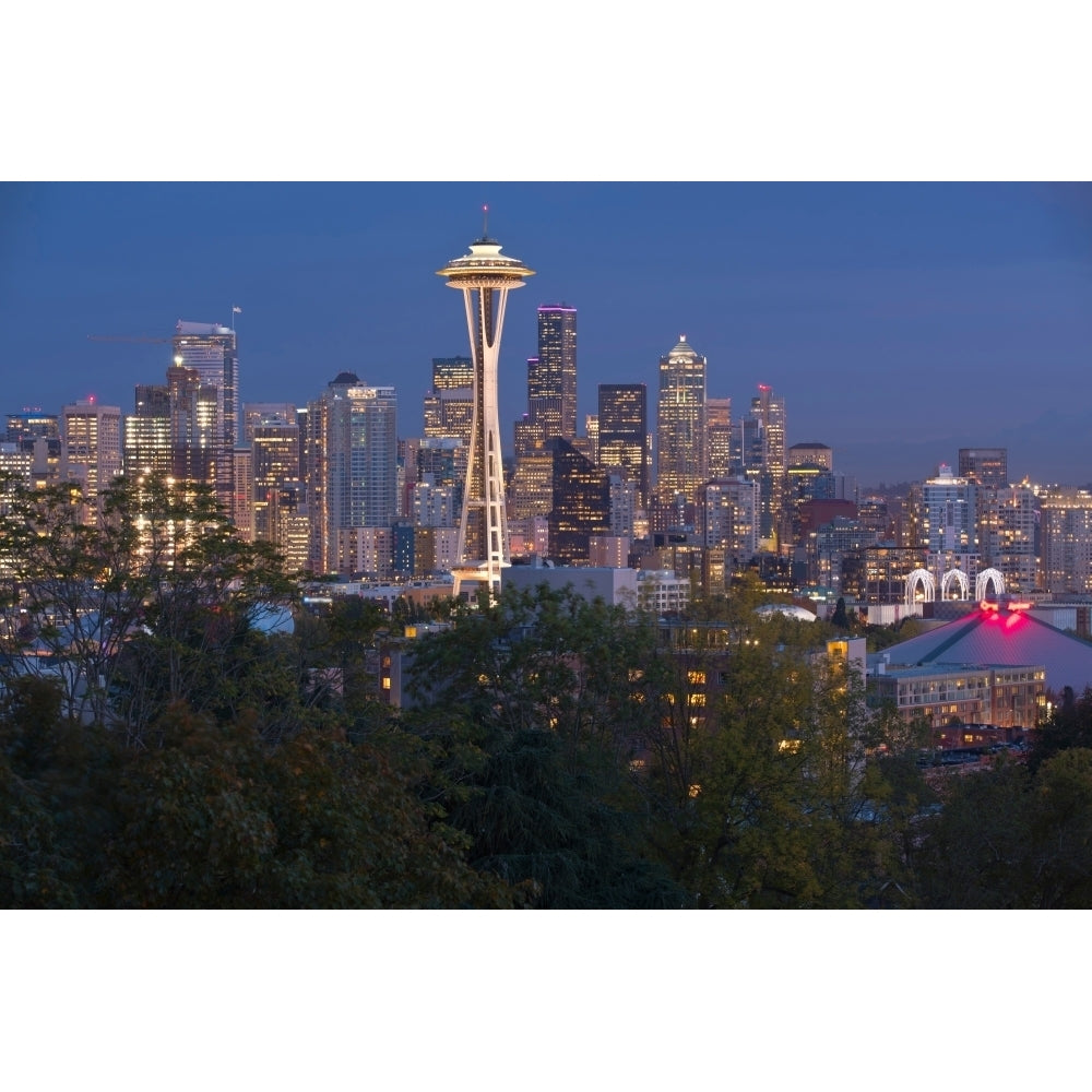 Skylines lit up at night in a city Seattle Washington State USA Poster Print Image 1