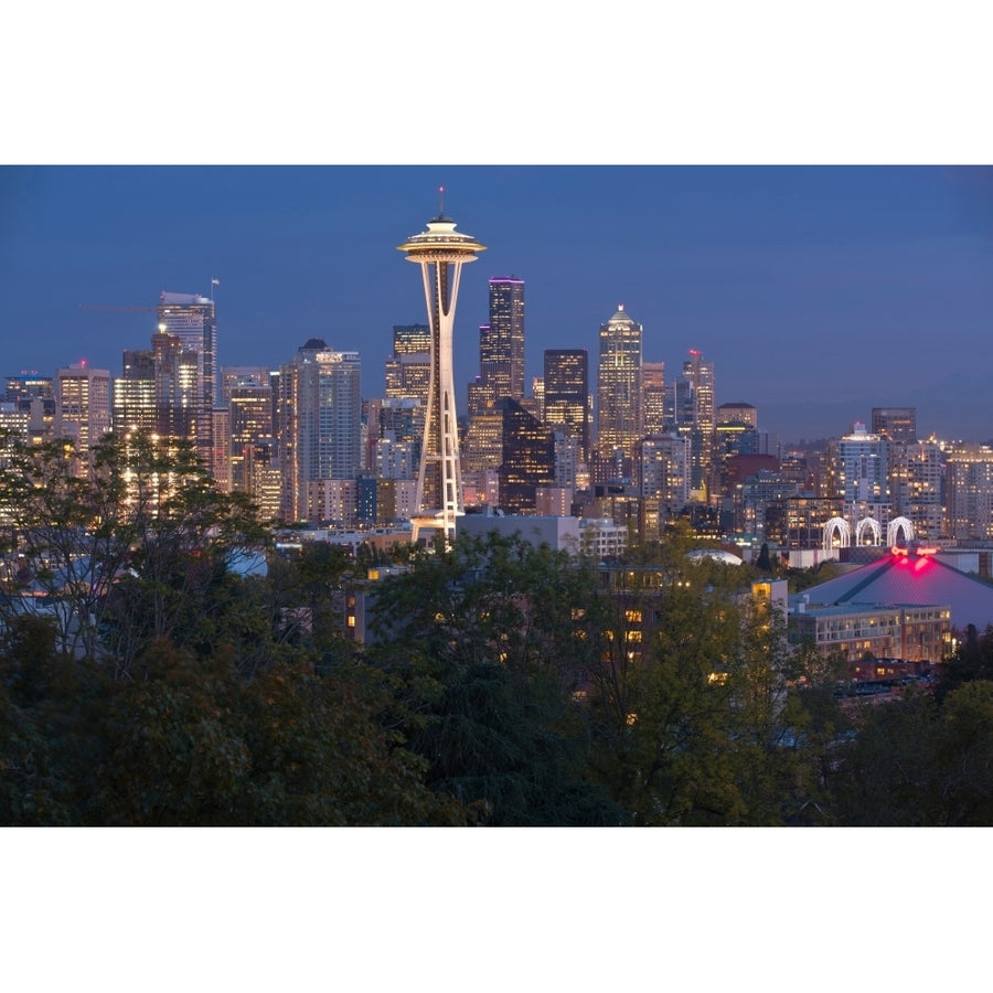 Skylines lit up at night in a city Seattle Washington State USA Poster Print Image 1