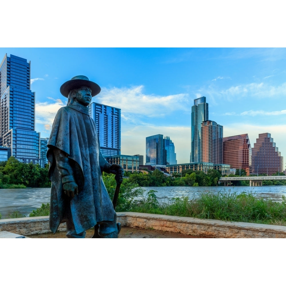 Statue of Stevie Ray Vaughan on the shore of Lady Bird Lake in downtown Austin Texas USA Poster Print Image 1