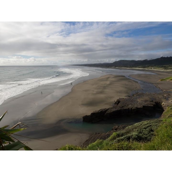 Elevated view of beach against cloudy sky Muriwai Auckland North Island Zealand Poster Print Image 1