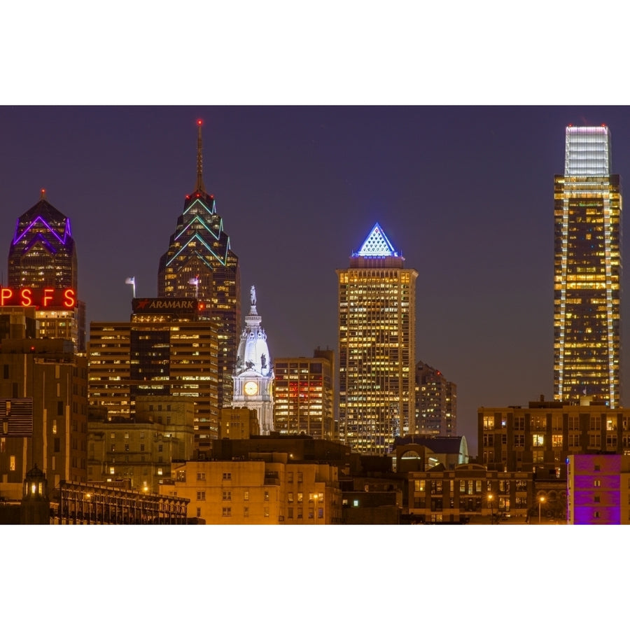 Illuminated cityscape at night Philadelphia Pennsylvania USA Poster Print Image 1