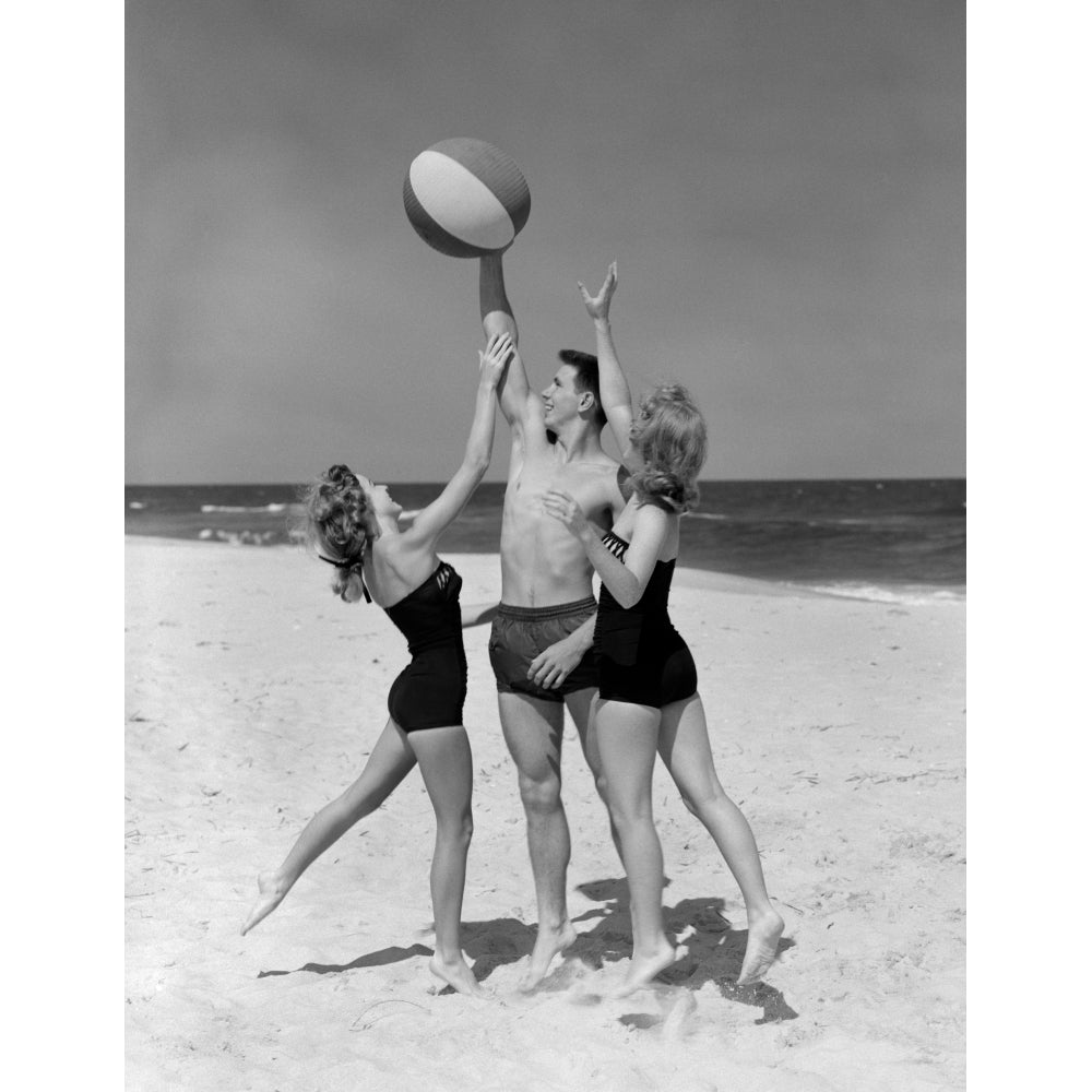 1950s Teens Jumping For Beach Ball Wearing Swim Suits Poster Print By Vintage Collection Image 1