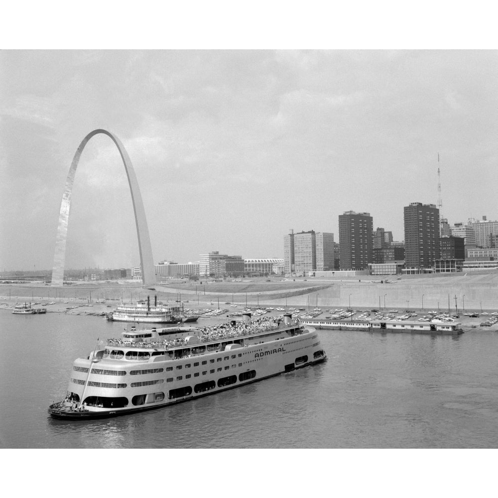 1960s St. Louis Missouri Gateway Arch Skyline Mississippi River Ss Admiral Casino And Other Riverboats Print By Vintage Image 1