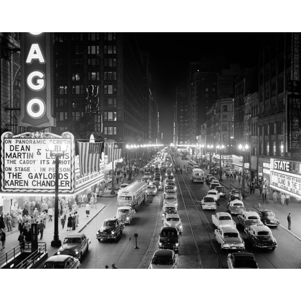 1950s-1953 Night Scene Of Chicago State Street With Traffic And Movie Marquee With Pedestrians On The Sidewalks Print By Image 1