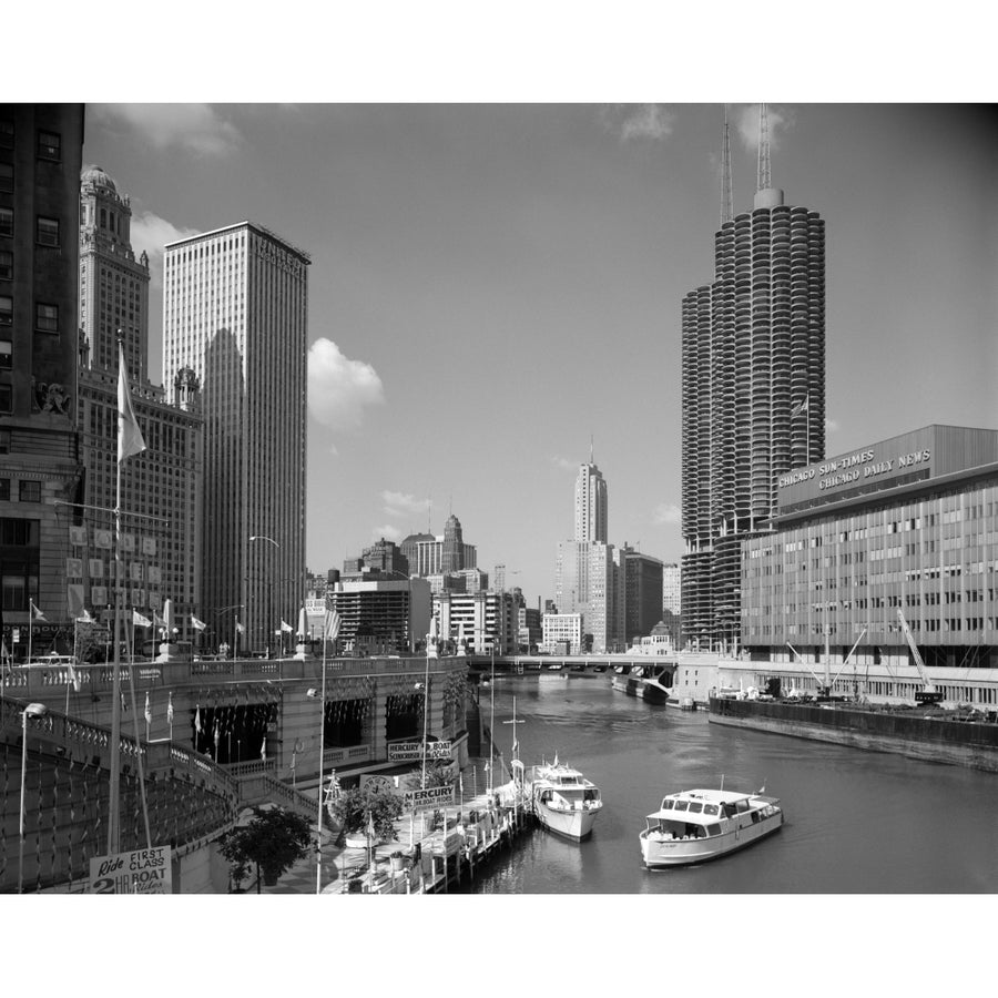 1960s Chicago River From Michigan Avenue Sun Times Building On Right And Boats In River Print By Vintage Collection Image 1