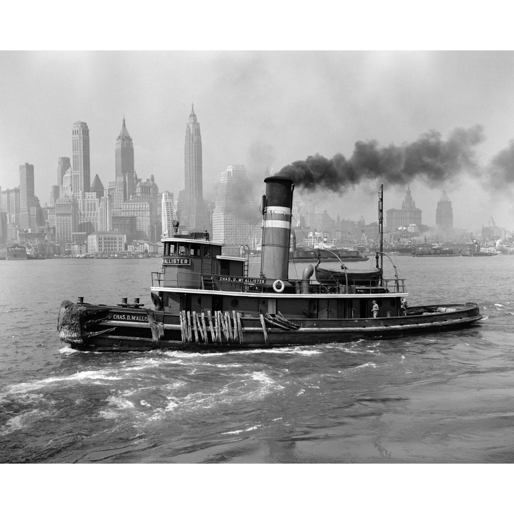 1940s Steam Engine Tugboat On Hudson River With York City Skyline In Smokey Background Outdoor Print By Vintage Image 1