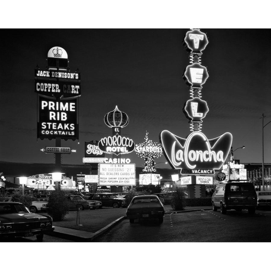 1980s Night Neon On The Strip For El Morocco La Concha Stardust Las Vegas Nevada Usa Print By Vintage Collection Image 1