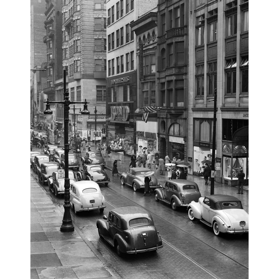 1940s Rainy Day On Chestnut Street Philadelphia Pa Cars Pedestrians Storefronts Print By Vintage Collection Image 1