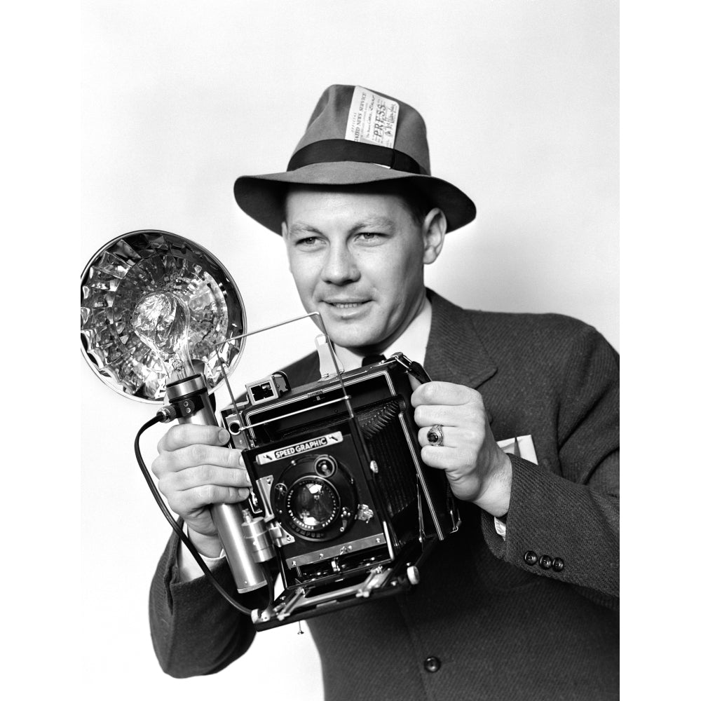 1930s-1940s-1950s Press Photographer Man Holding Speed Graphic Camera With Flash Bulb Illumination Print By Vintage Image 1