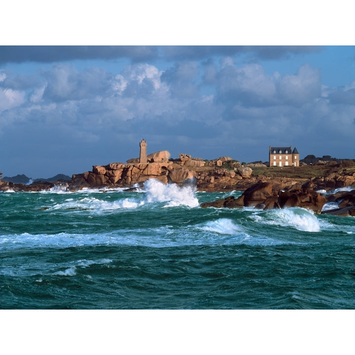 Waves breaking on coast Ploumanach Lighthouse Pink Granite Coast Cotes-dArmor Brittany France Print by Panoramic Image 1