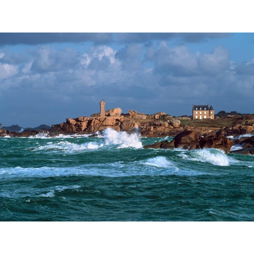 Waves breaking on coast Ploumanach Lighthouse Pink Granite Coast Cotes-dArmor Brittany France Print by Panoramic Image 2