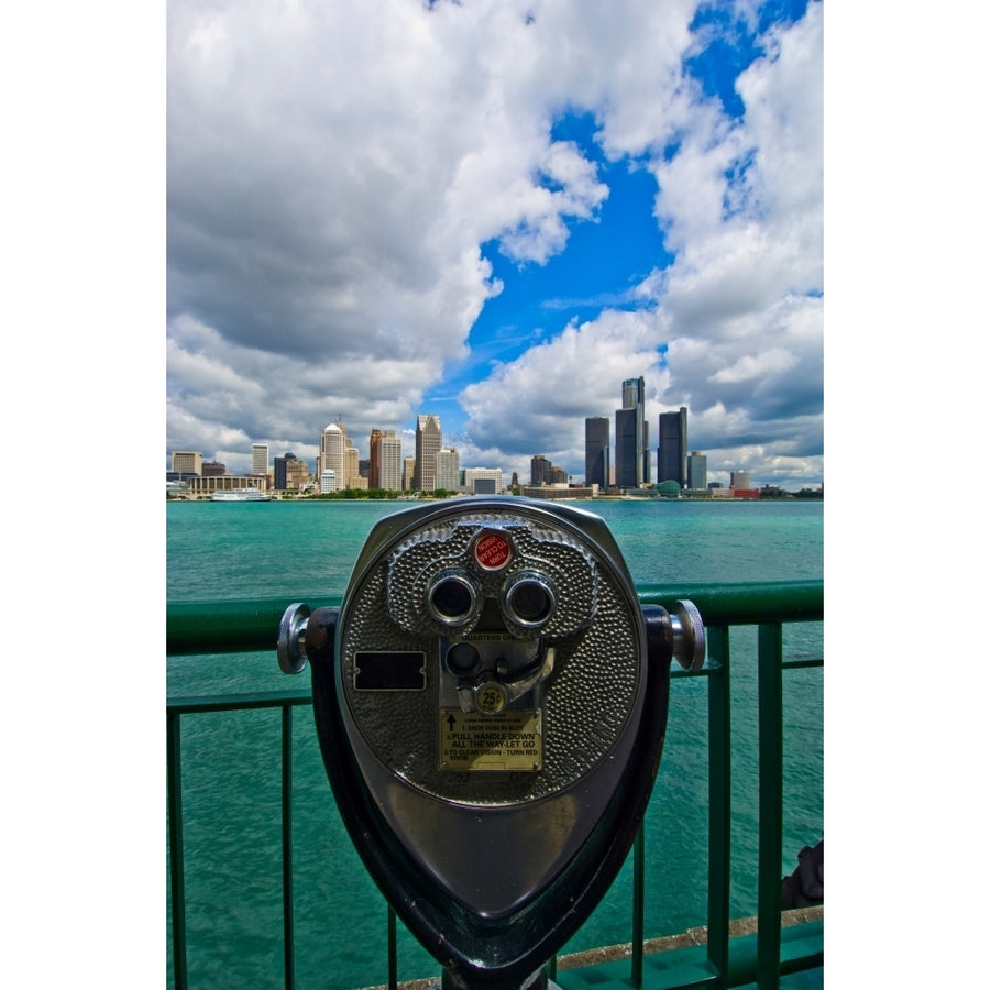 Coin-operated binoculars against cityscape at waterfront Detroit Wayne County Michigan USA Print by Panoramic Images Image 1