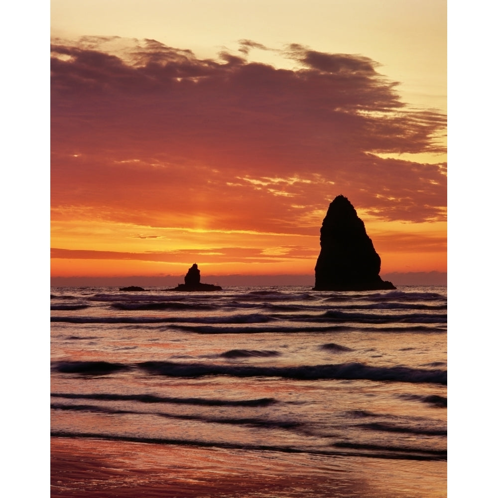 Sunset on the Haystack Rocks in Cannon Beach Clatsop County Northern Coast Oregon USA Print by Panoramic Images Image 1