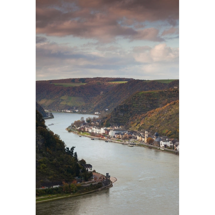 Elevated view of town along Rhine River Sankt Goarshausen Rhineland-Palatinate Germany Print by Panoramic Images Image 1