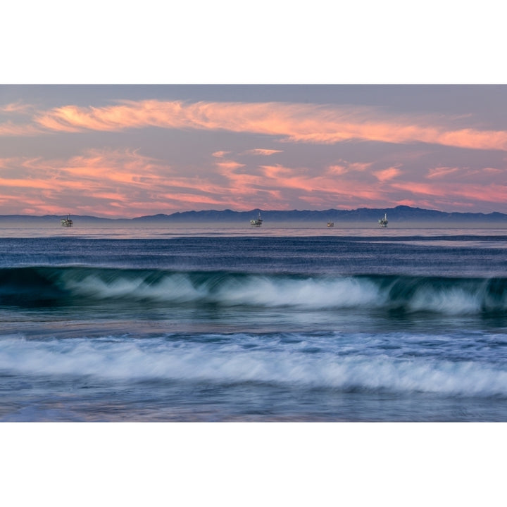 Oil rigs and waves in the Pacific Ocean Channel Islands of California Carpinteria Santa Barbara County California Image 2