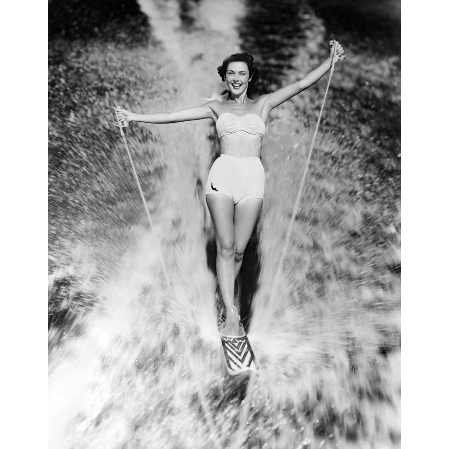 1950s Smiling Woman In White Two Piece Bathing Suit Aquaplaning Water Skiing Looking At Camera Print By Vintage Image 1