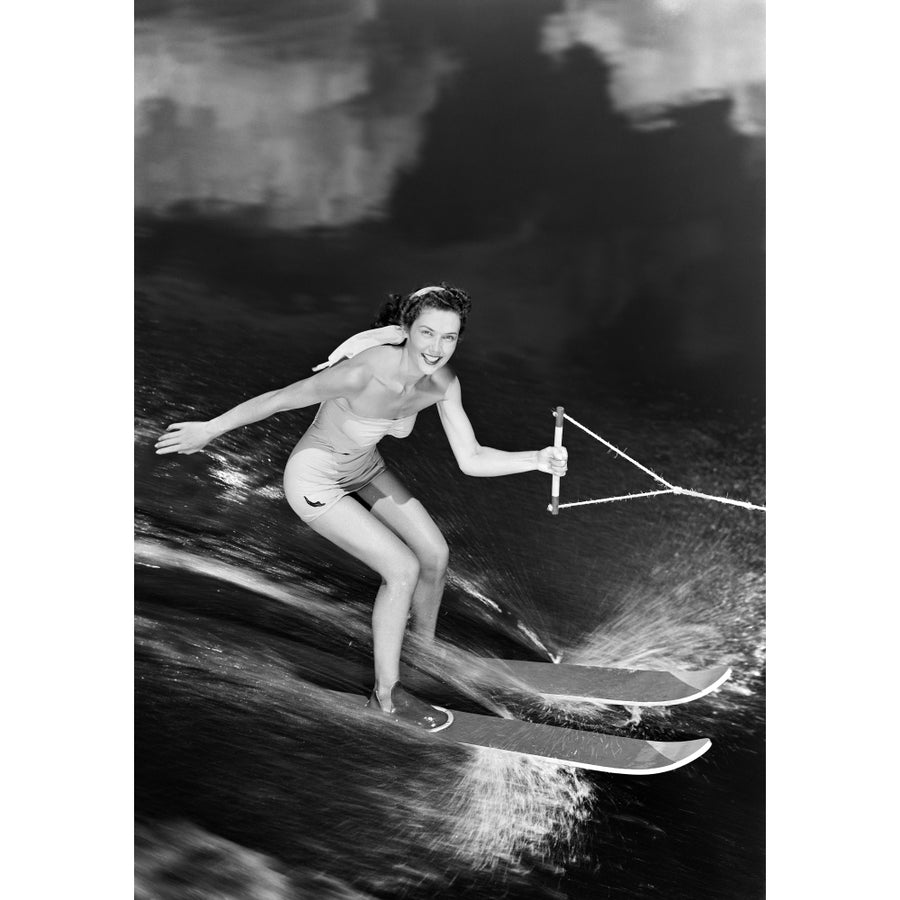 1950s Smiling Woman In A White Two Piece Bathing Suit Water Skiing Looking At Camera Print By Vintage Collection Image 1