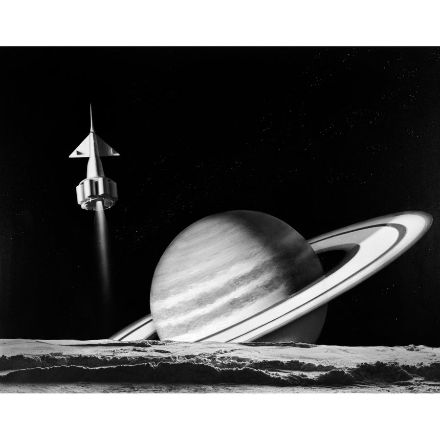 1960s Space Rocket Flying Past Saturn With Surface Of Another Planet In Foreground Print By Vintage Collection Image 1