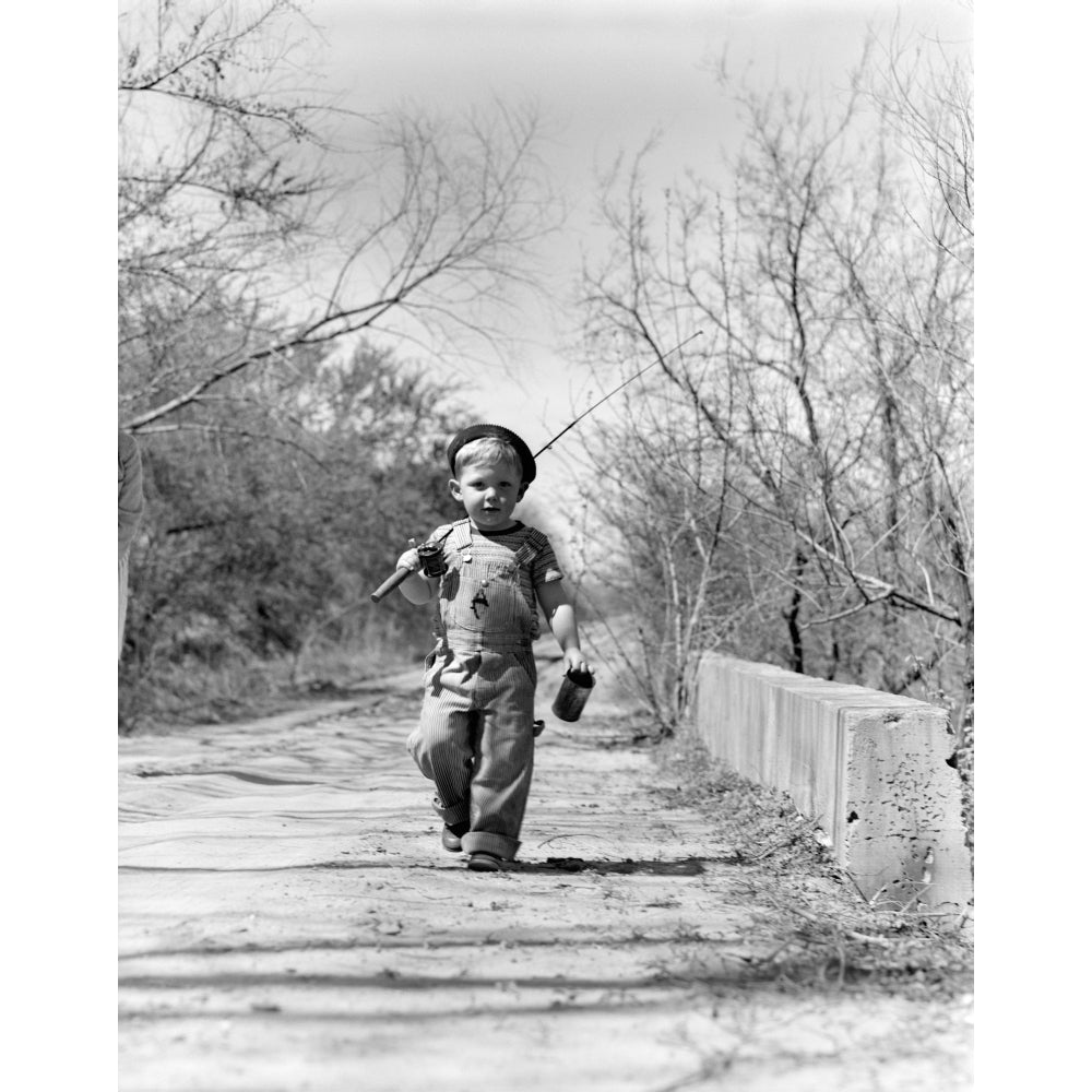 1940s Boy Walking Down Country Road With Can Of Worms And Fishing Pole Poster Print By Vintage Collection Image 1