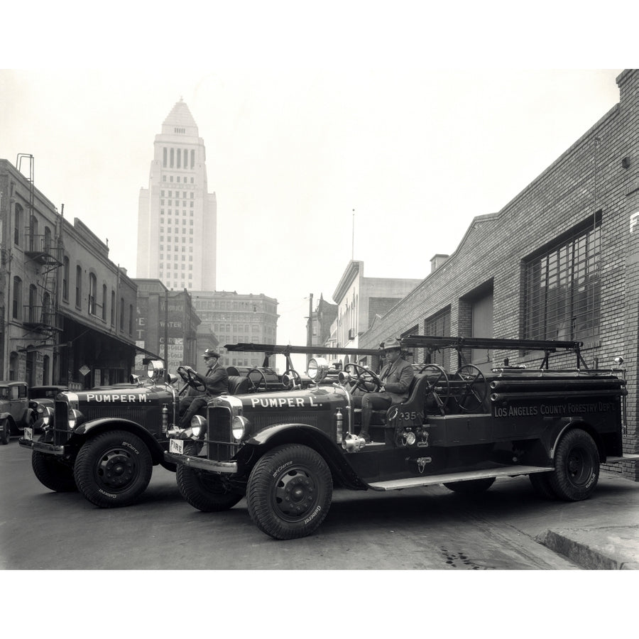 1920s-1930s Two Fire Trucks With Los Angeles City Hall California Usa In Background Print By Vintage Collection Image 1