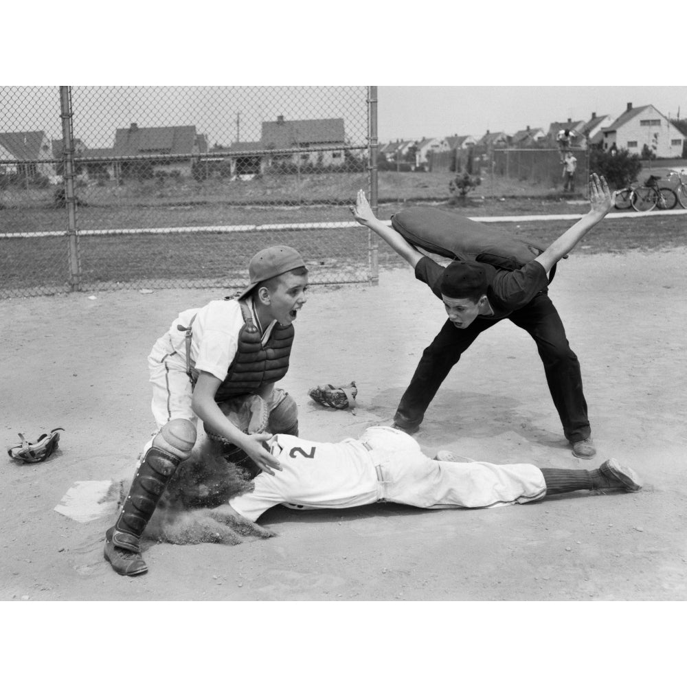 1950s Little League Umpire Calling Baseball Player Safe Sliding Into Home Plate Print By Vintage Collection Image 1