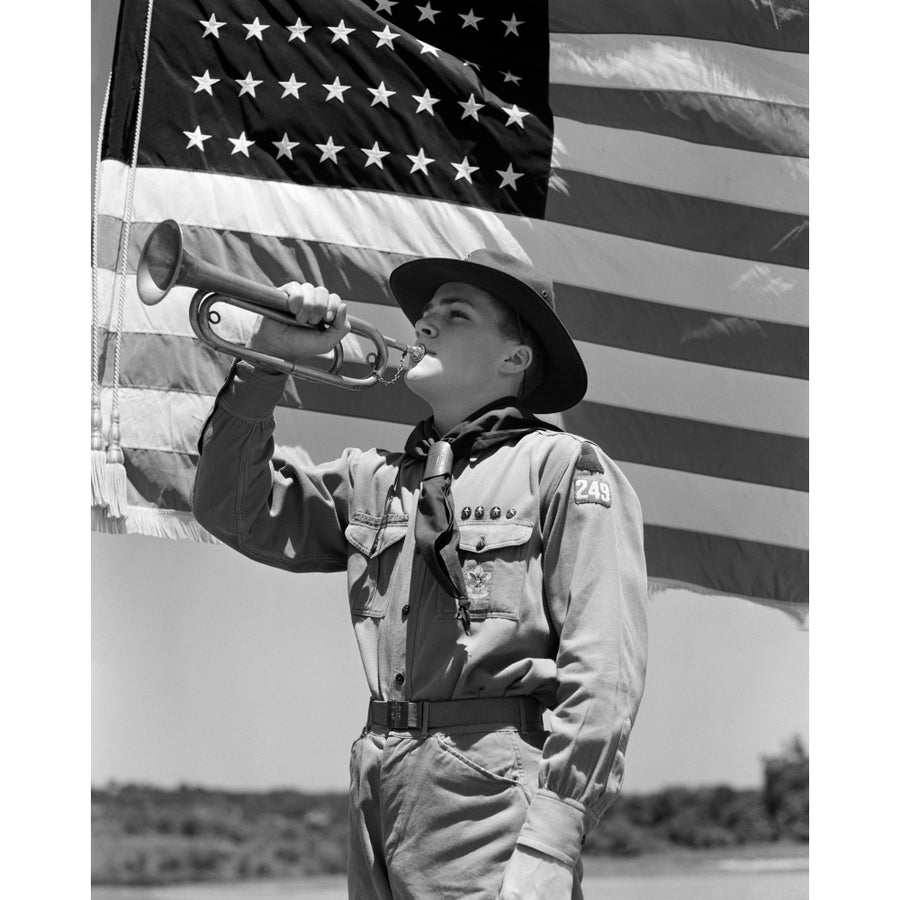 1940s Boy Scout Playing Bugle In Front Of 48 Star American Flag Poster Print By Vintage Collection Image 1