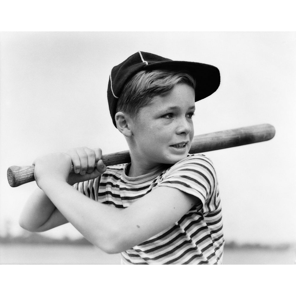 1930s Boy At Bat Wearing A Horizontal Striped Tee Shirt And Baseball Cap Poster Print By Vintage Collection Image 1