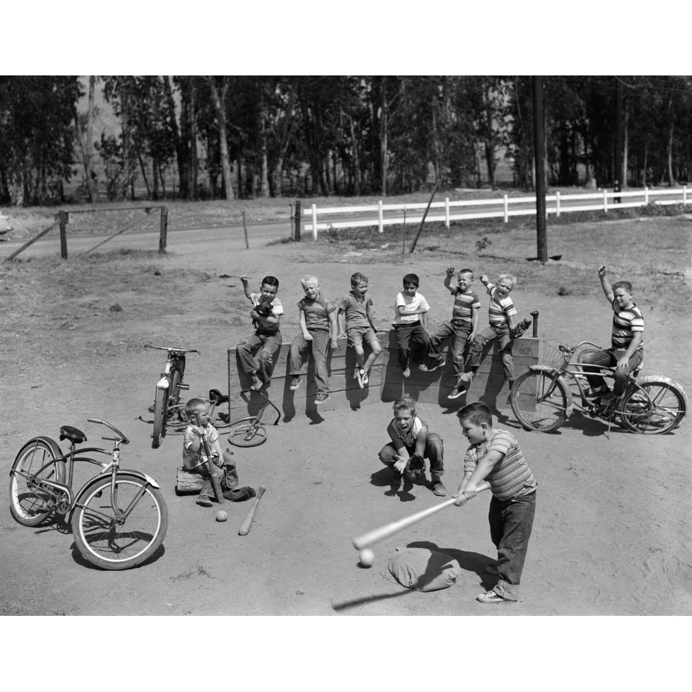 1950s-10 Neighborhood Boys Playing Sand Lot Baseball Most Wear Blue Jeans Tee Shirts Print By Vintage Collection Image 1