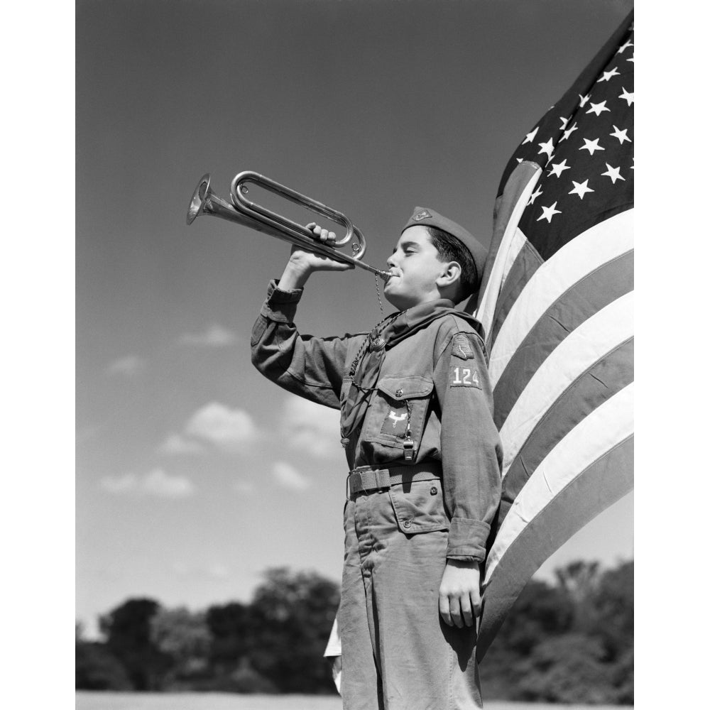 1950s Profile Of Boy Scout In Uniform Standing In Front Of 48 Star American Flag Blowing Bugle Print By Vintage Image 1