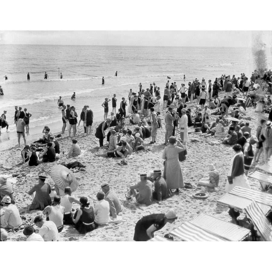 1920s Crowd Of People Some Fully Clothed Others In Bathing Suits On Palm Beach In Florida Usa Print By Vintage Image 1