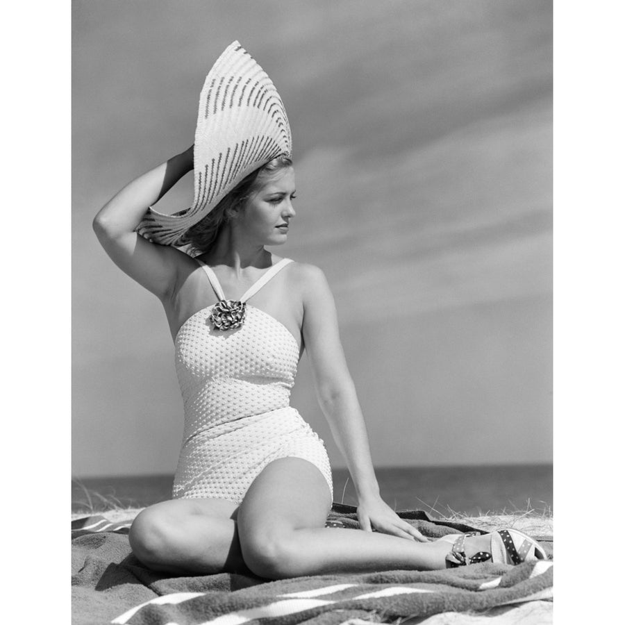 1930s-1940s Woman In White Bathing Suit On Beach Wearing Big Straw Hat Poster Print By Vintage Collection Image 1