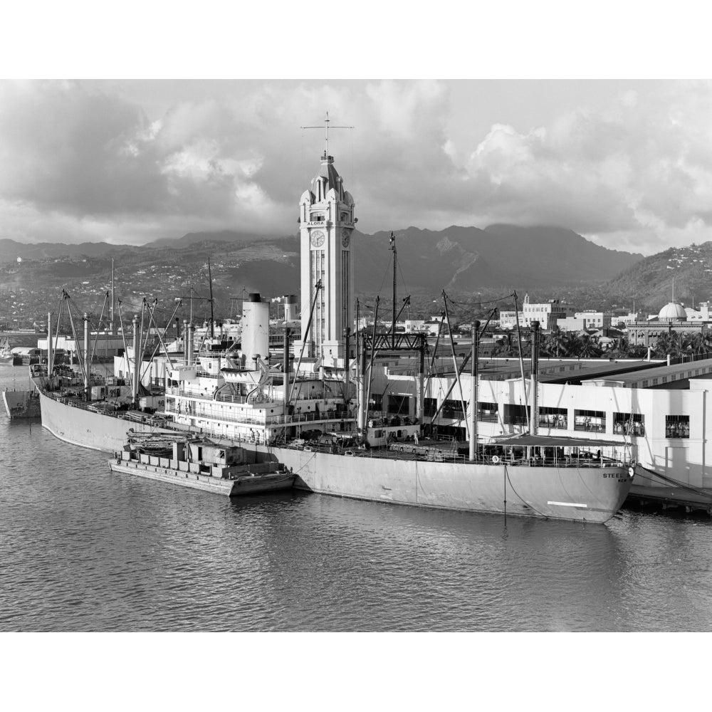 1930s Ship Freighter At Dock By Aloha Tower Built 1926 Port Of Honolulu Hawaii Print By Vintage Collection Image 1