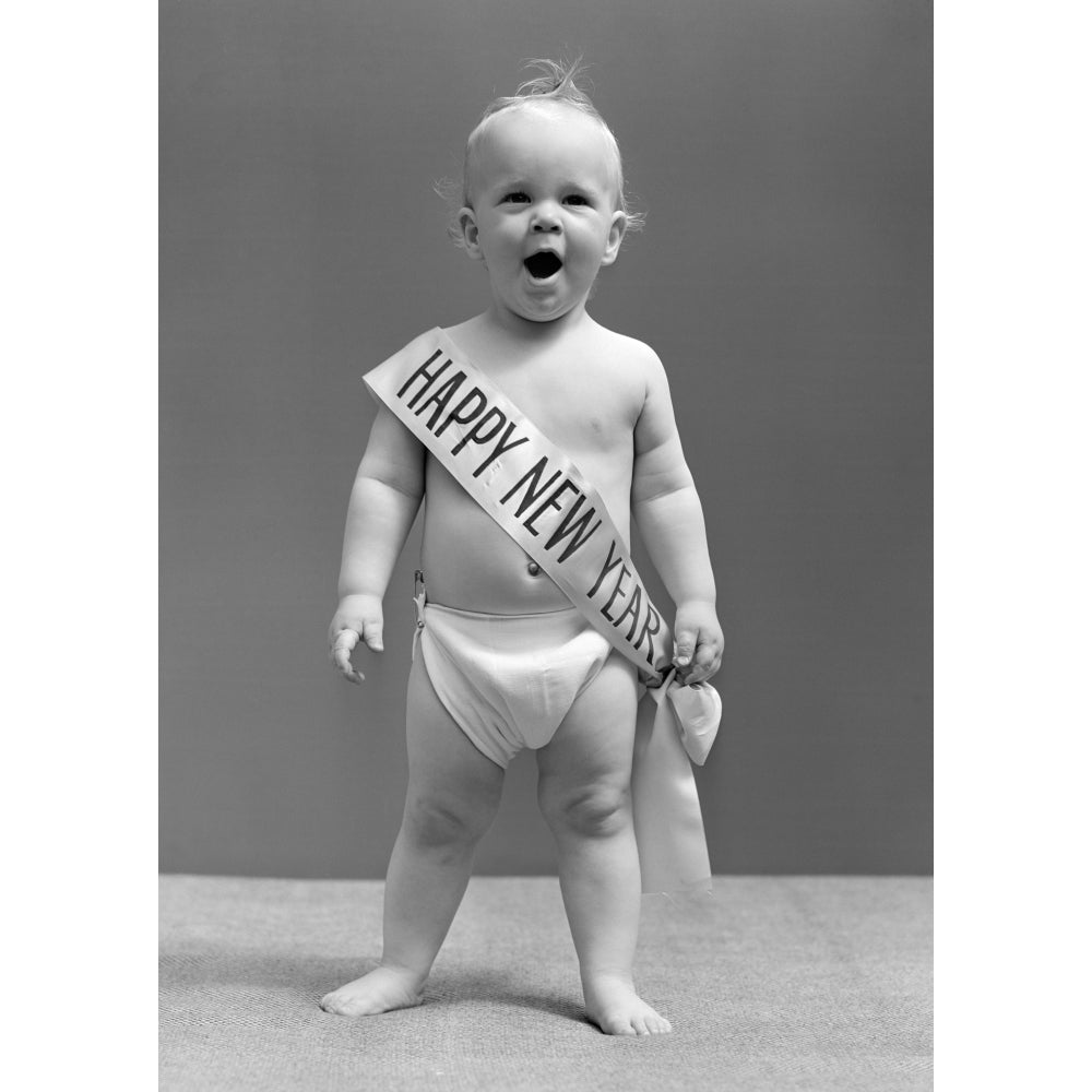 1940s Baby Standing In Diaper Yawning Wearing Happy Year Sash Poster Print By Vintage Collection Image 1