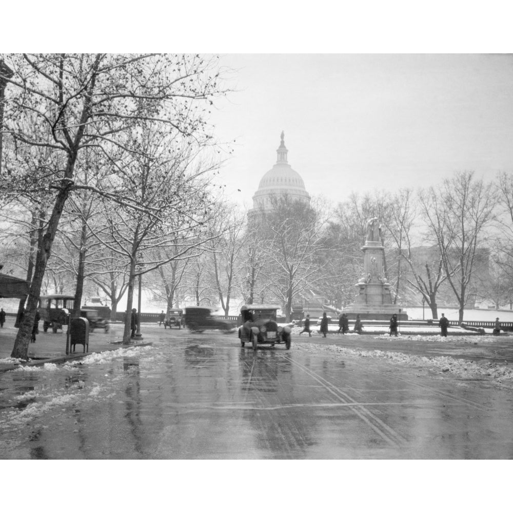 1920s-1930s The Capitol Building And Old Car Traffic In Winter Washington Dc Usa Print By Vintage Collection Image 1