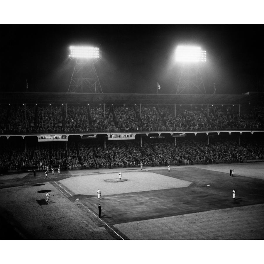 1940s-1947 Baseball Night Game Under The Lights Players Standing For National Anthem Ebbets Field Brooklyn York Usa Image 1