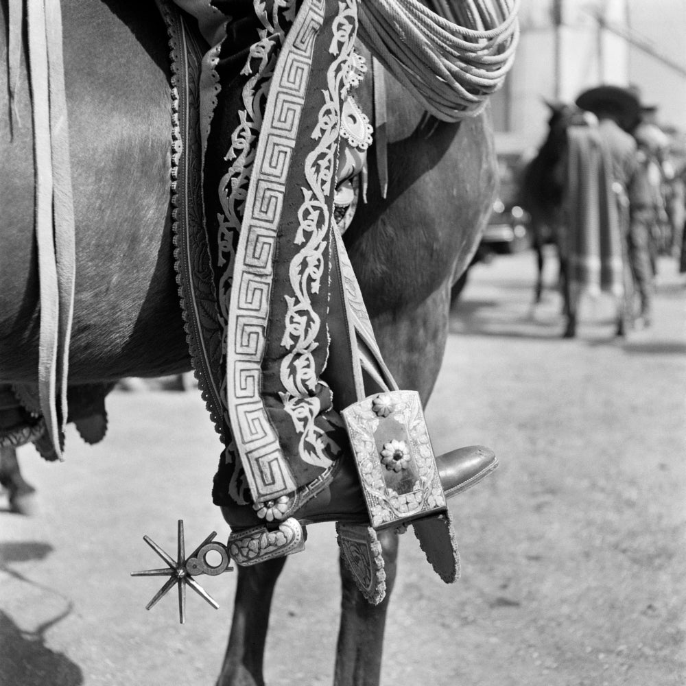 1930s Detail Of Traditional Charro Cowboy Costume Embroidered Chaps Spurs Leather Boots In Horses Stirrup Mexico Print Image 1