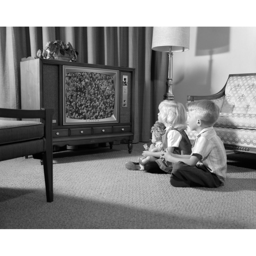 1960s Brother and Sister Sitting On Living Room Floor Watching Tv Poster Print By Vintage Collection Image 1