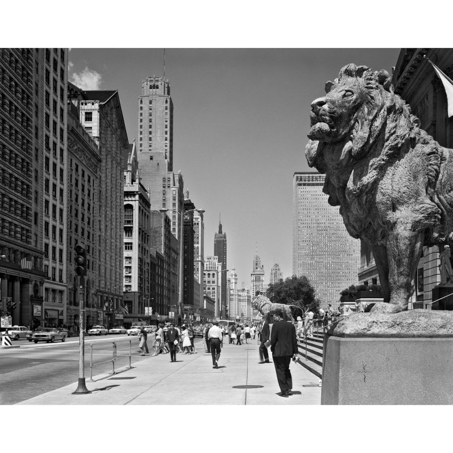 1960s People Pedestrians Street Scene Looking North Past Art Institute Lions Chicago Il Usa Print By Vintage Collection Image 1