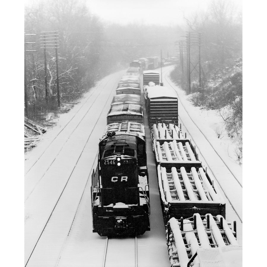 1970s Pair Of Freight Trains Traveling On Snow Covered Railroad Tracks Poster Print By Vintage Collection Image 1