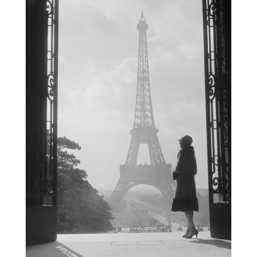 1920s Silhouetted Woman Standing In Profile In The Trocadero Across The Seine From The Eiffel Tower Paris France Print Image 1