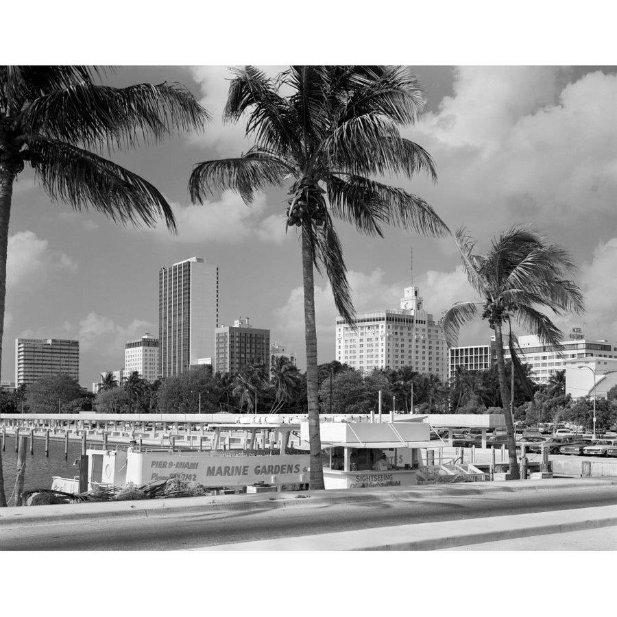 1970s Sightseeing Boat At Pier Day Light Skyline Palm Trees Miami Florida Usa Print By Vintage Collection Image 1