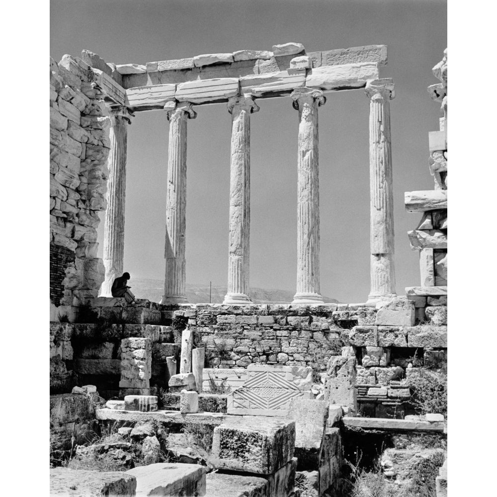 1960s Book Reader Sitting Among Greek Columns Architecture Ruins Before Restoration Parthenon Athens Acropolis Print By Image 1