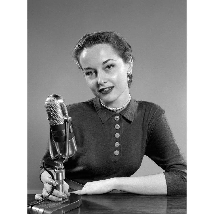 1950s Portrait Of Woman Announcer Talking Into Microphone Looking At Camera Poster Print By Vintage Collection Image 1